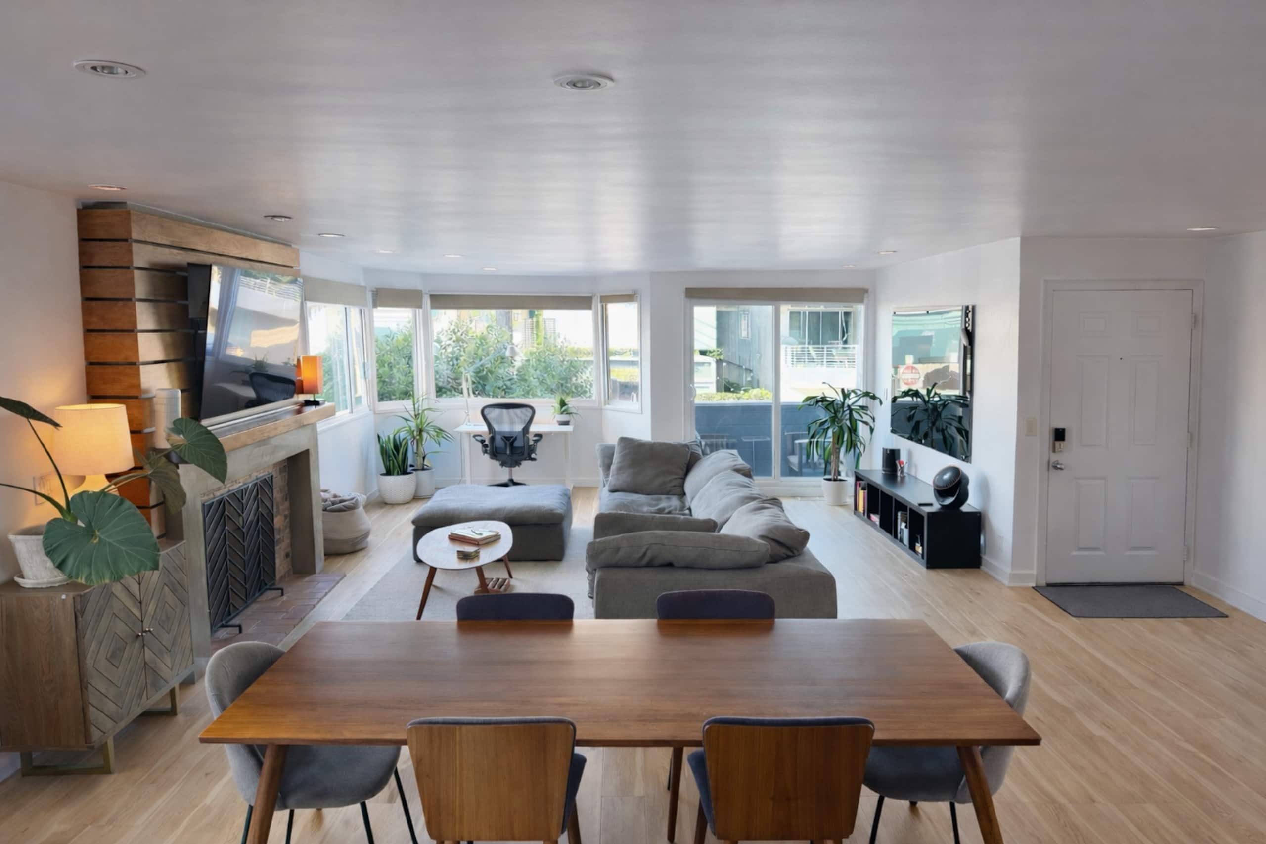 Open living and dining room in afternoon light