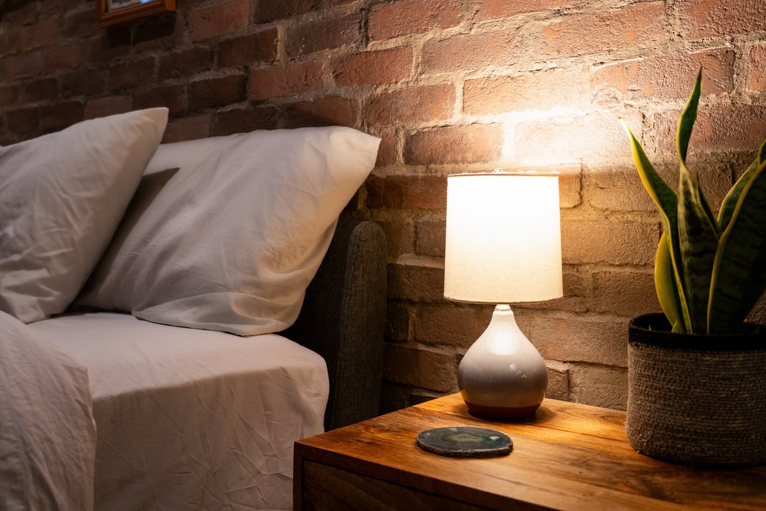 Bedroom with warm lamplight